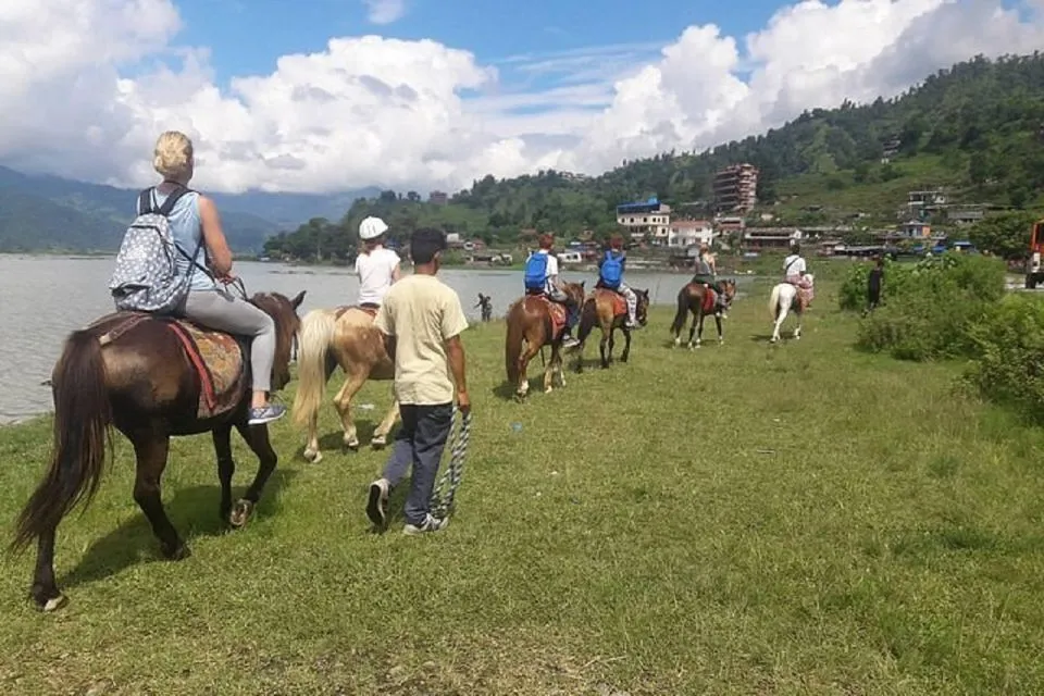 A group of people riding in the back of horse 