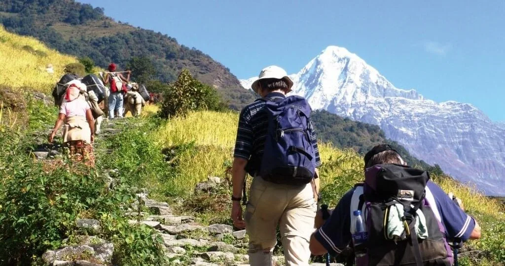 A group of people trekking form the Pokhara